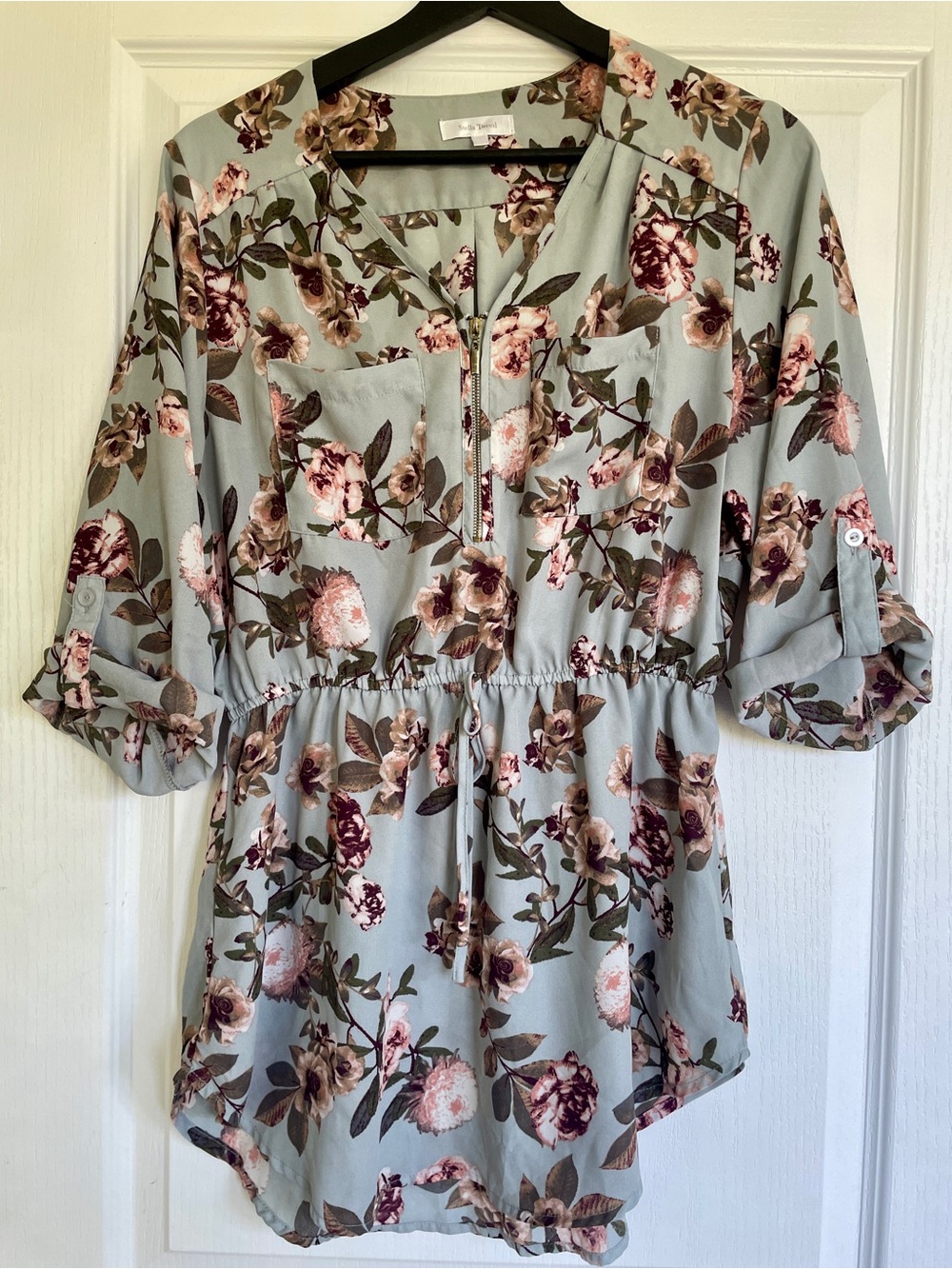 Stella Tweed Floral Drawstring Tunic in Blue with pink flowers